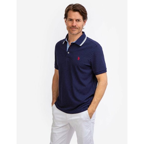 U.S. Polo Assn Polo Shirt Men's Classic Navy Collared Dot Print Short Sleeves - Picture 1 of 1